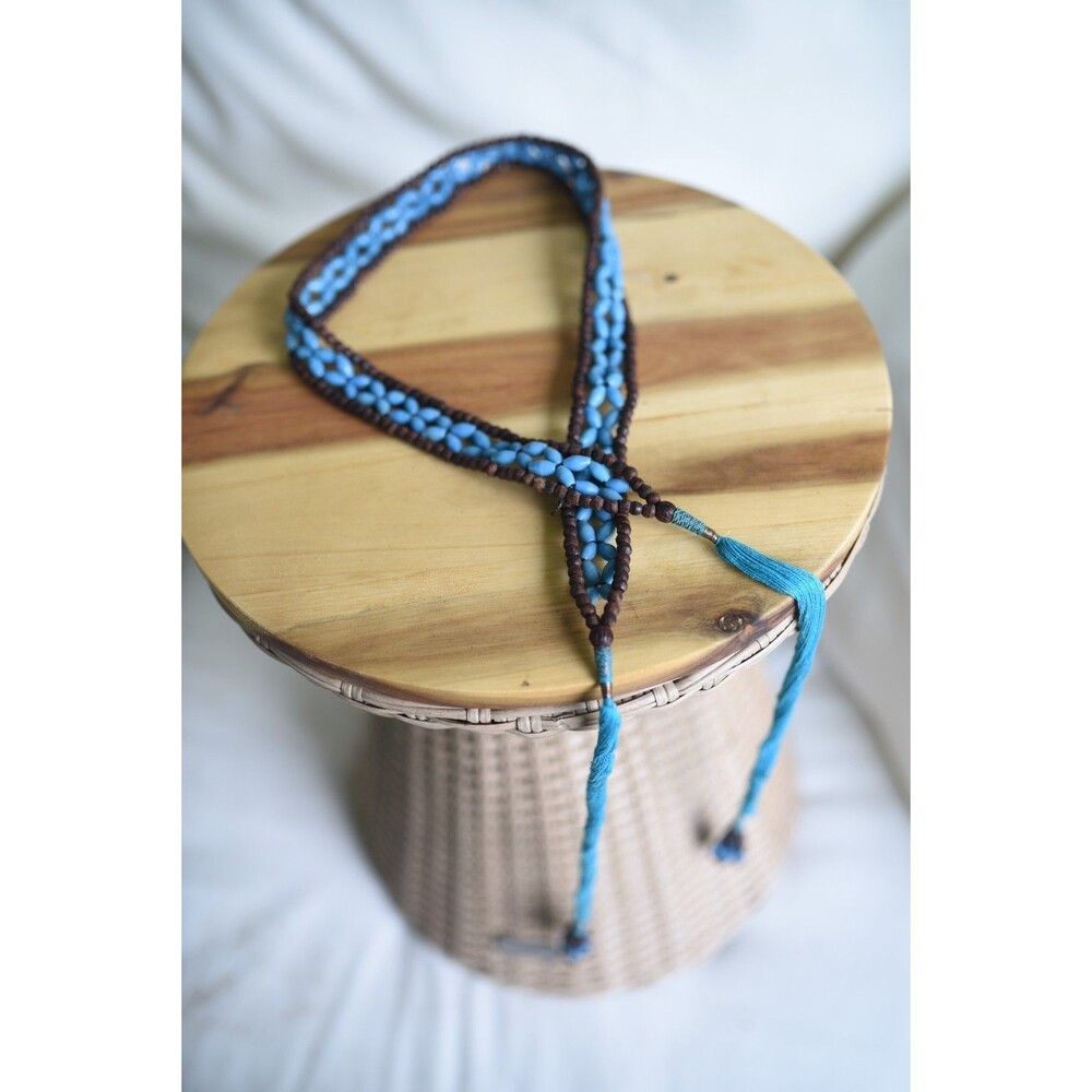 VTG Macrame Beaded Belt Boho Woven  Rope Tie Waist 52" Turquoise Brown Festival
